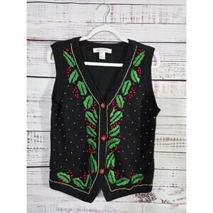 VTG Arriviste Christmas Sweater Vest Black Holly Berries Leaves Beaded Womens L
